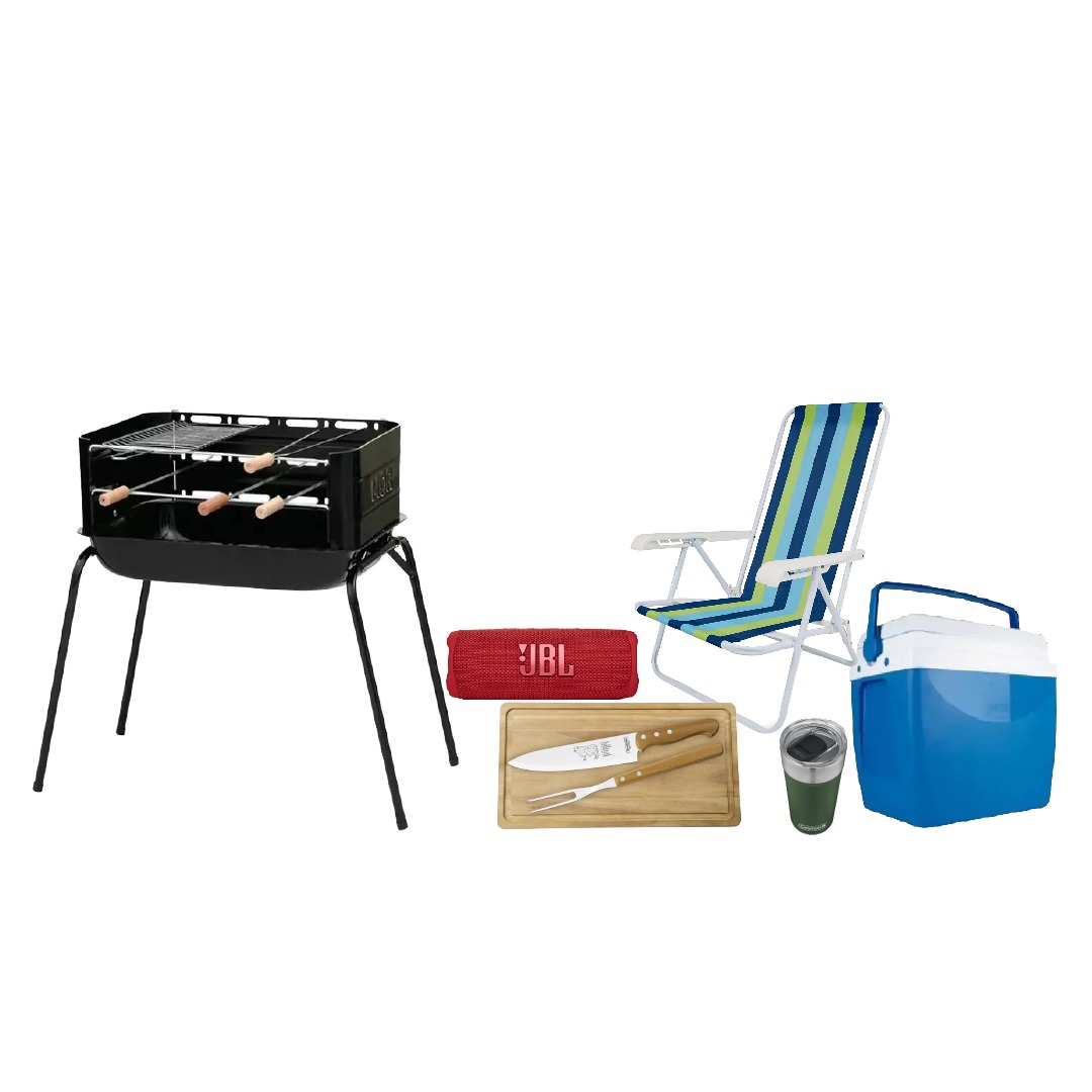 Parrilla para Asado Mor Araguaia M03007 + Speaker Flip 6 JBL Portátil + Vaso Coleman Cervecero 600ml + Juego para Asado Tramontina 2 Piezas + 1 Tabla - T223999 + Silla Reposera MOR Plegable Acero Recubierto 4 pos.