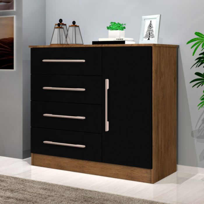 Cómoda Multuso 1 Puerta 4 Cajones J&A Malibu New Jequitiba Negro