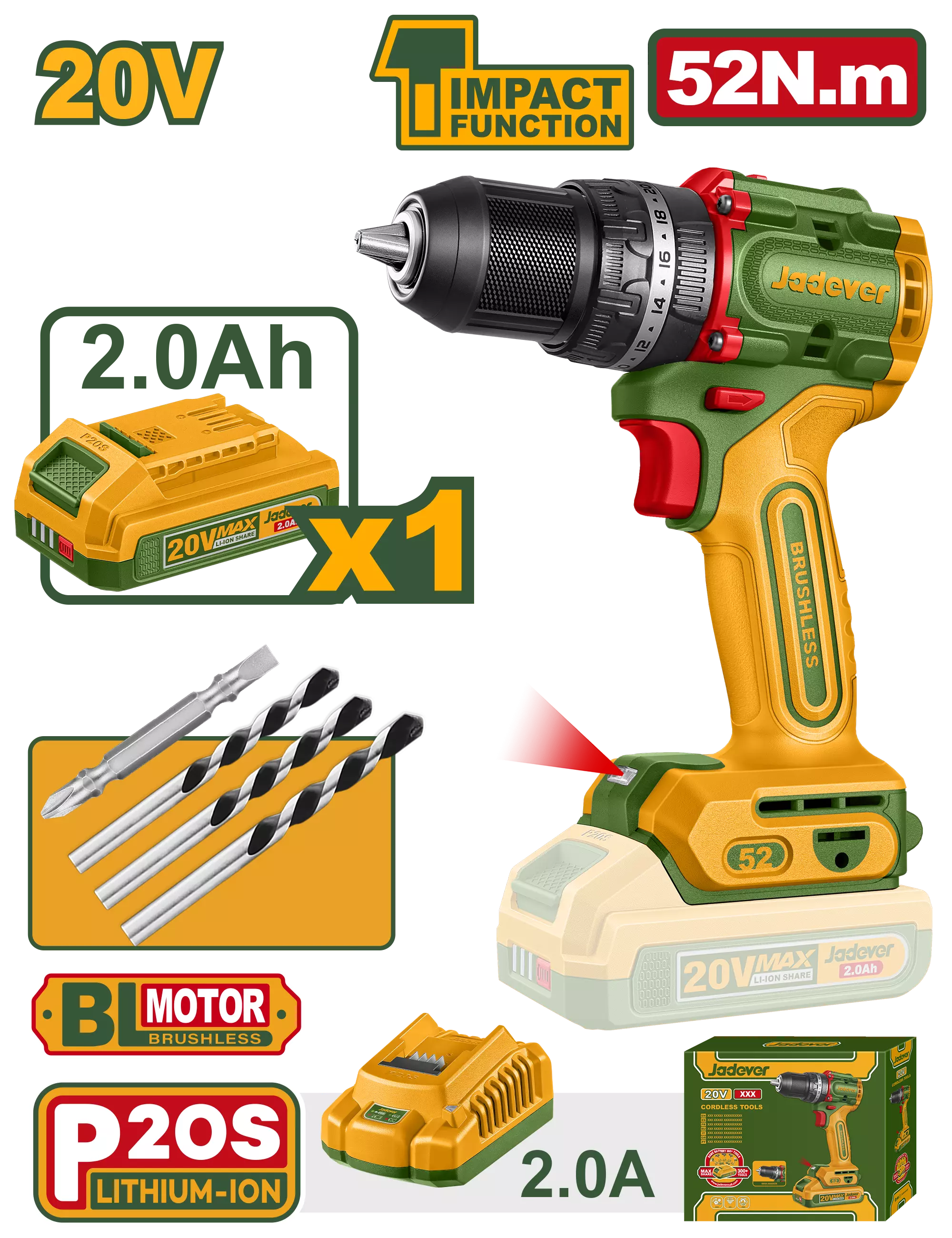 Taladro Percutor 13mm BL. 52Nm 1x Bat. 20V 2Ah (Compact) (M) Jadever JDCDP5282