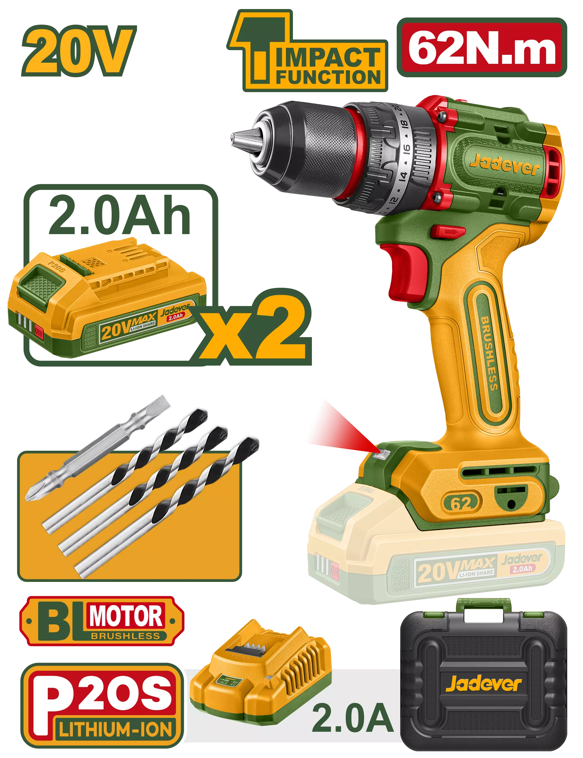 Taladro Percutor 13mm BL. 62Nm 2x Bat. 20V 2Ah (Compact) (M) Jadever JDCDP6281
