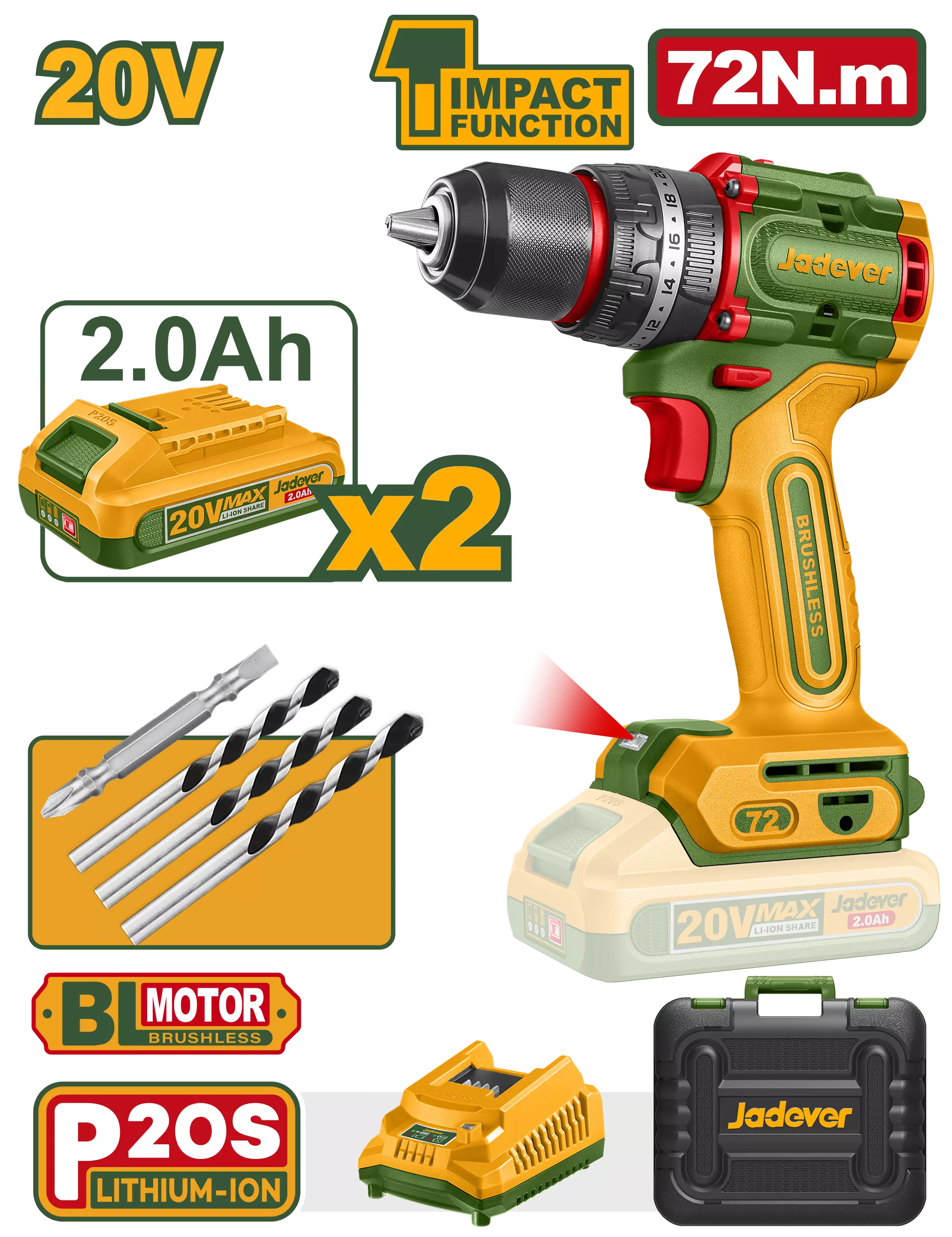 Taladro Percutor 13mm BL. 72Nm 2x Bat. 20V 2Ah (Compact) (M) Jadever JDCDP7281