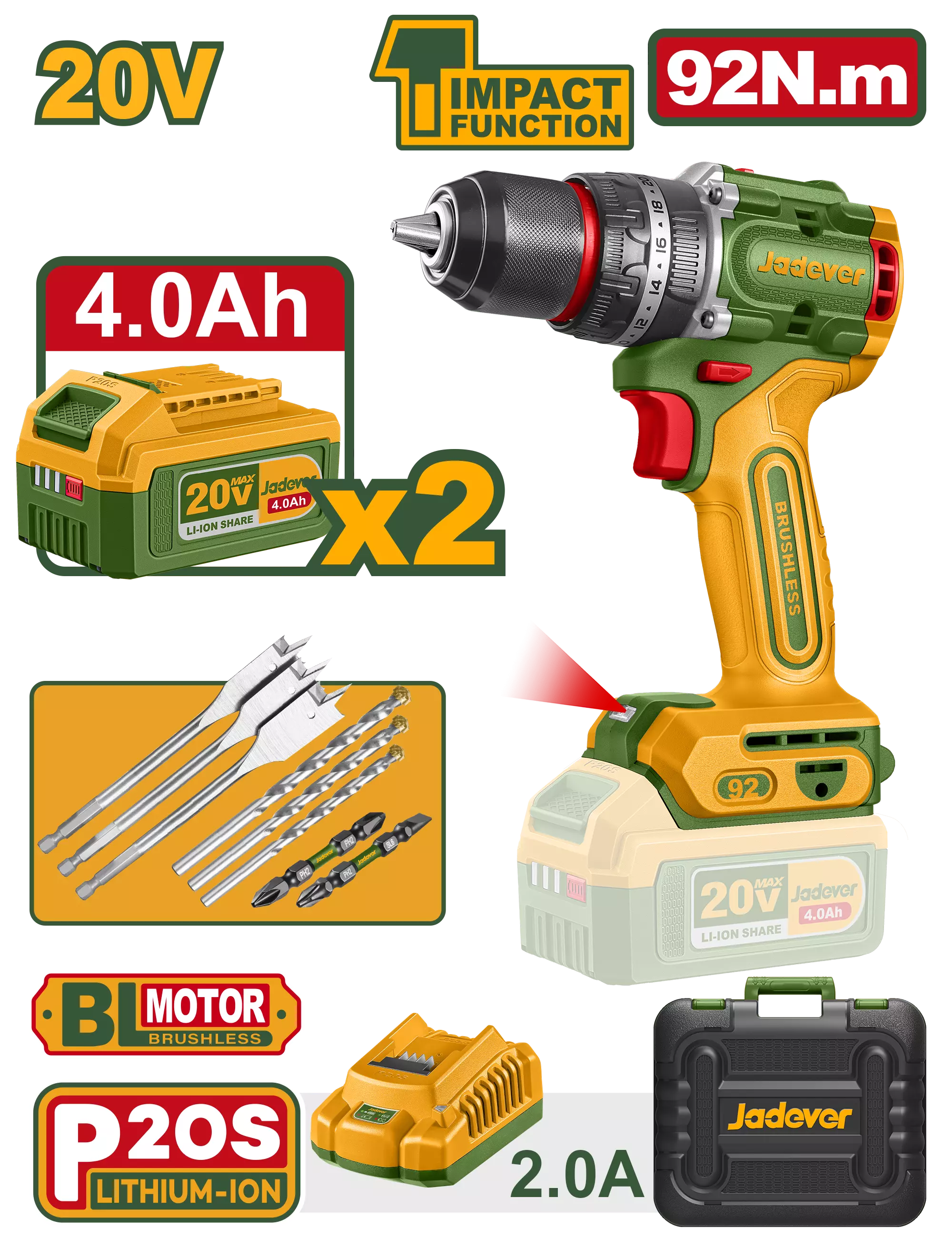 Taladro Percutor 13mm BL. 92Nm 2x Bat. 20V 4Ah (Compact) (M) Jadever