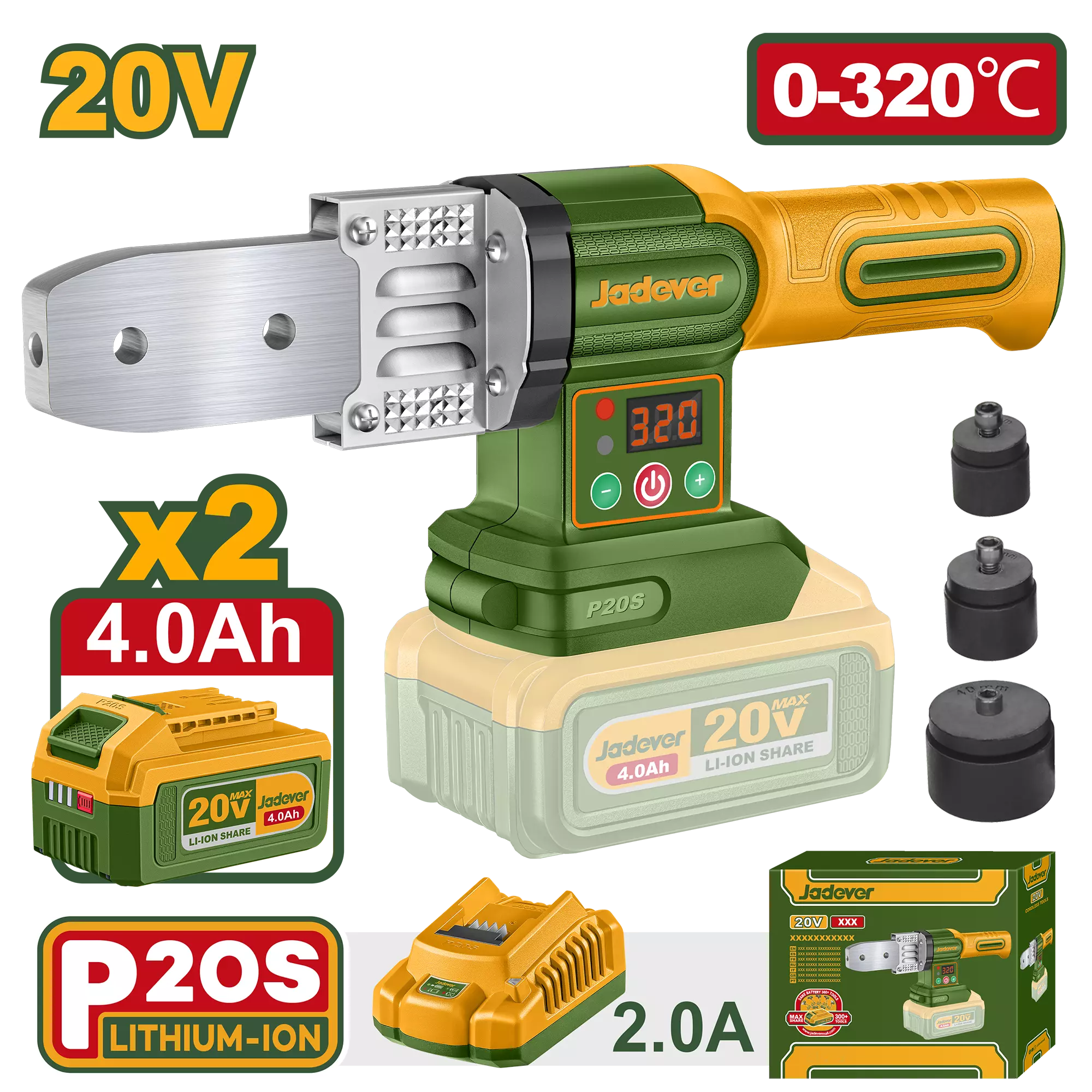 Termofusor (20-32mm) + Acc. 2x Bat. 20V 4Ah. Jadever JDWM20182