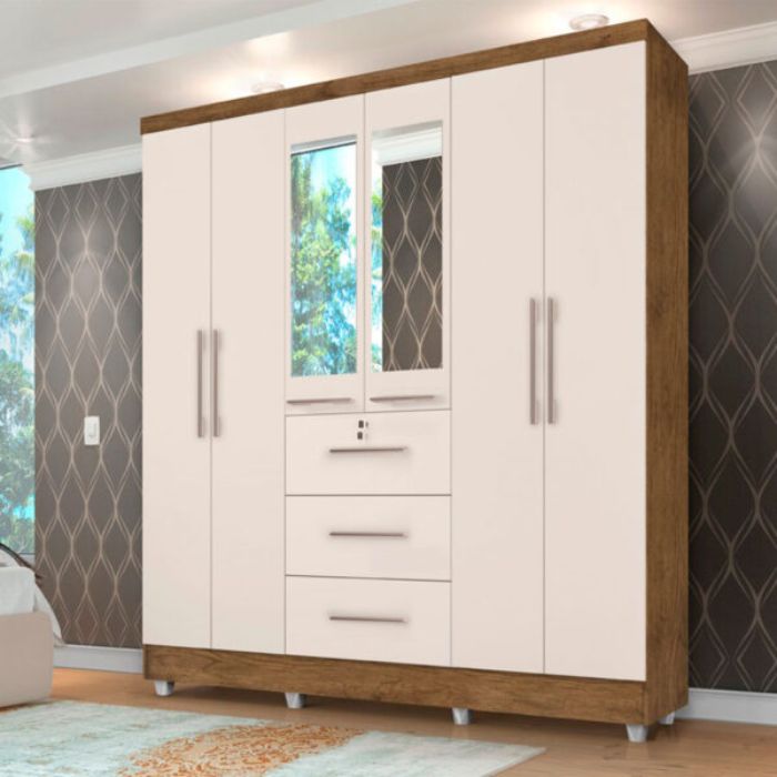 Ropero de 6 Puertas 3 Cajones con Espejo Tokio J&A Jequitiba | Off White