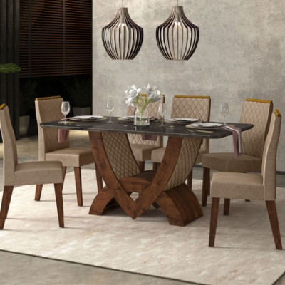 CONJUNTO VENEZA 6 SILLAS NEW MAIA DJ RÚSTICO MALBEC|VIDRIO NEGRO|RÚSTICO MALBEC|PECAN